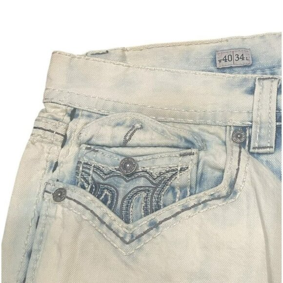 Mek Denim USA Jeans Bilbao Mens 40x34 Straight Distressed Embroidered Light Wash - Picture 6 of 12